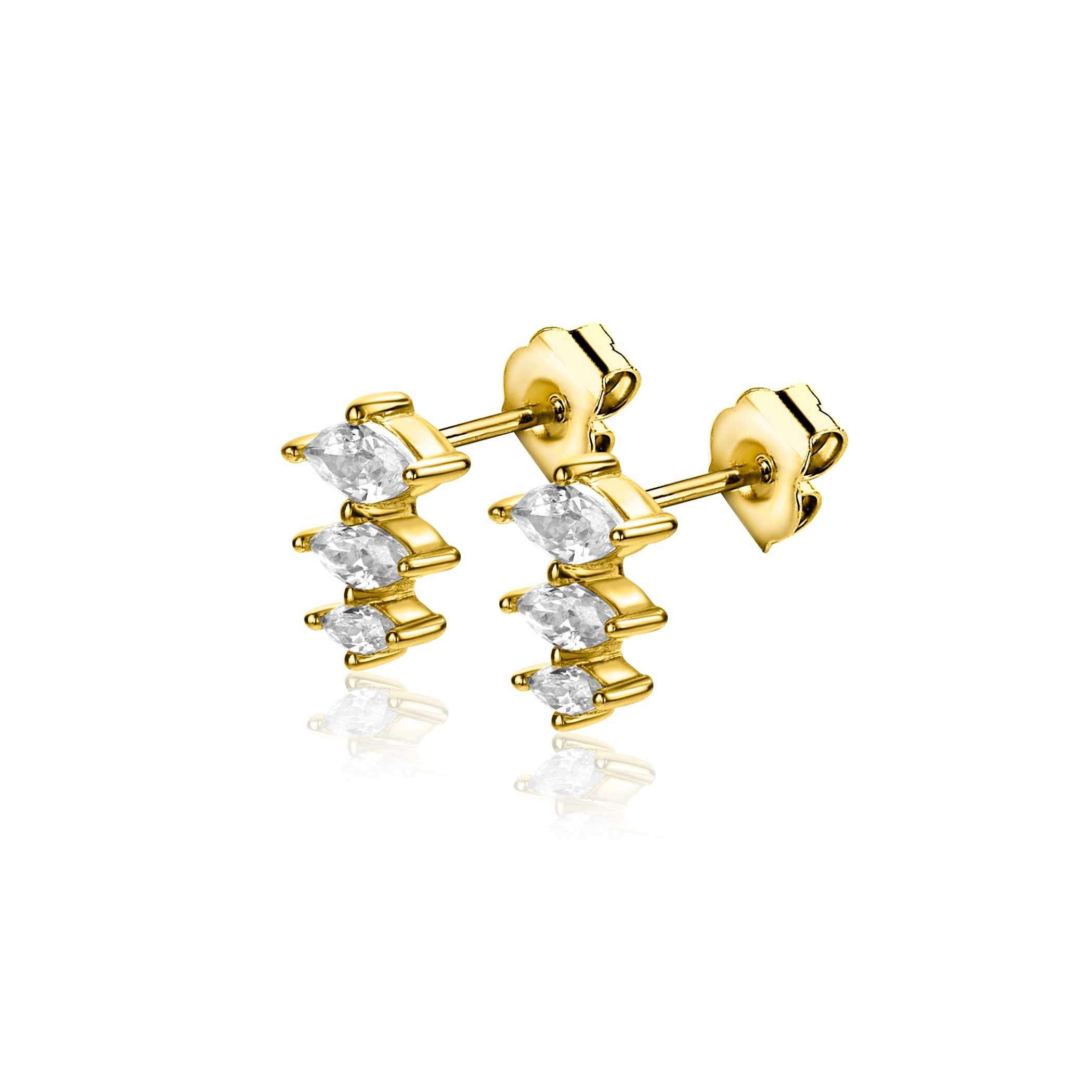 8mm ZINZI gold plated silver stud earrings with three teardrop-shaped settings in decreasing size, set with white zirconia ZIO2631