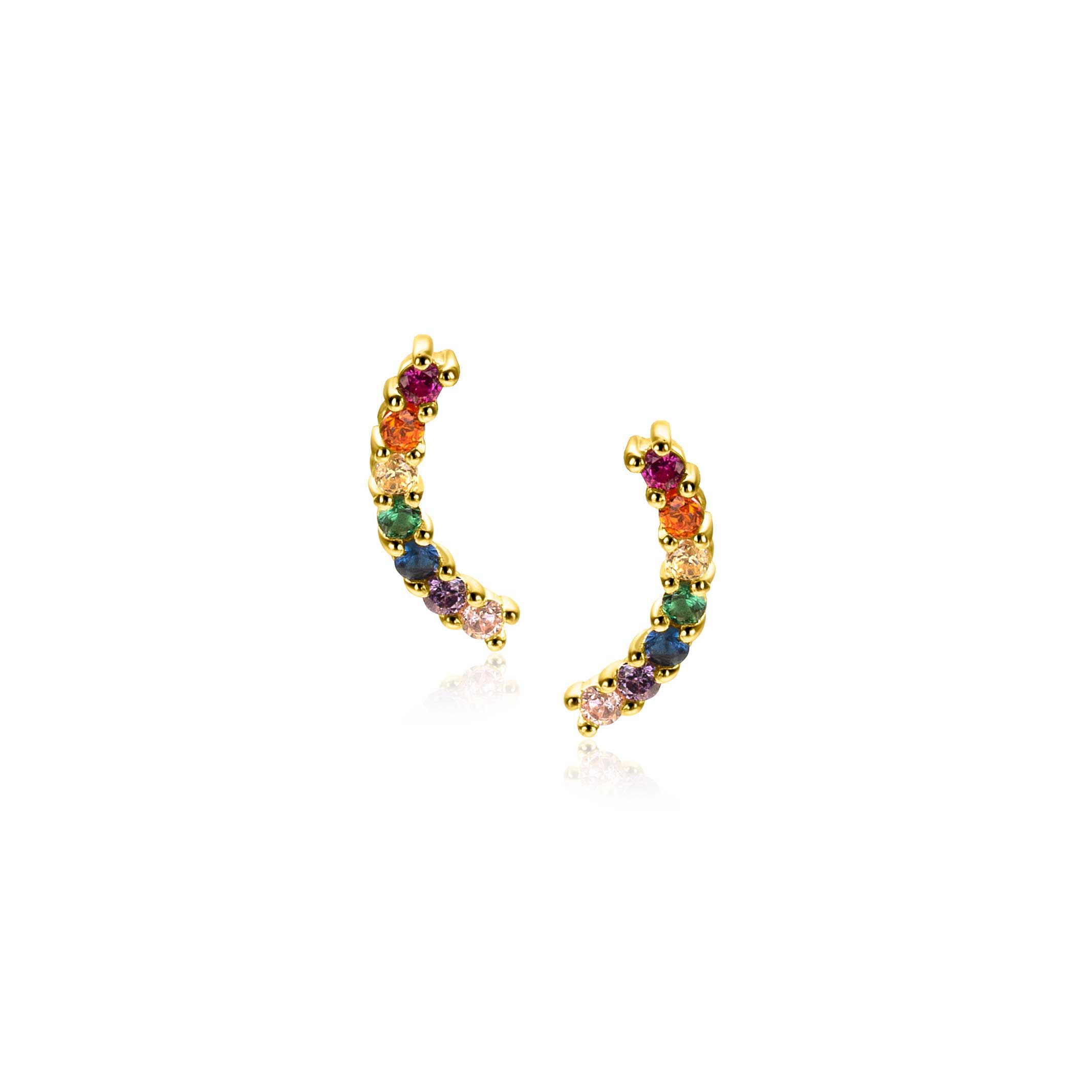 10mm ZINZI gold plated silver stud earrings with wave set with rainbow coloured stones ZIO2592