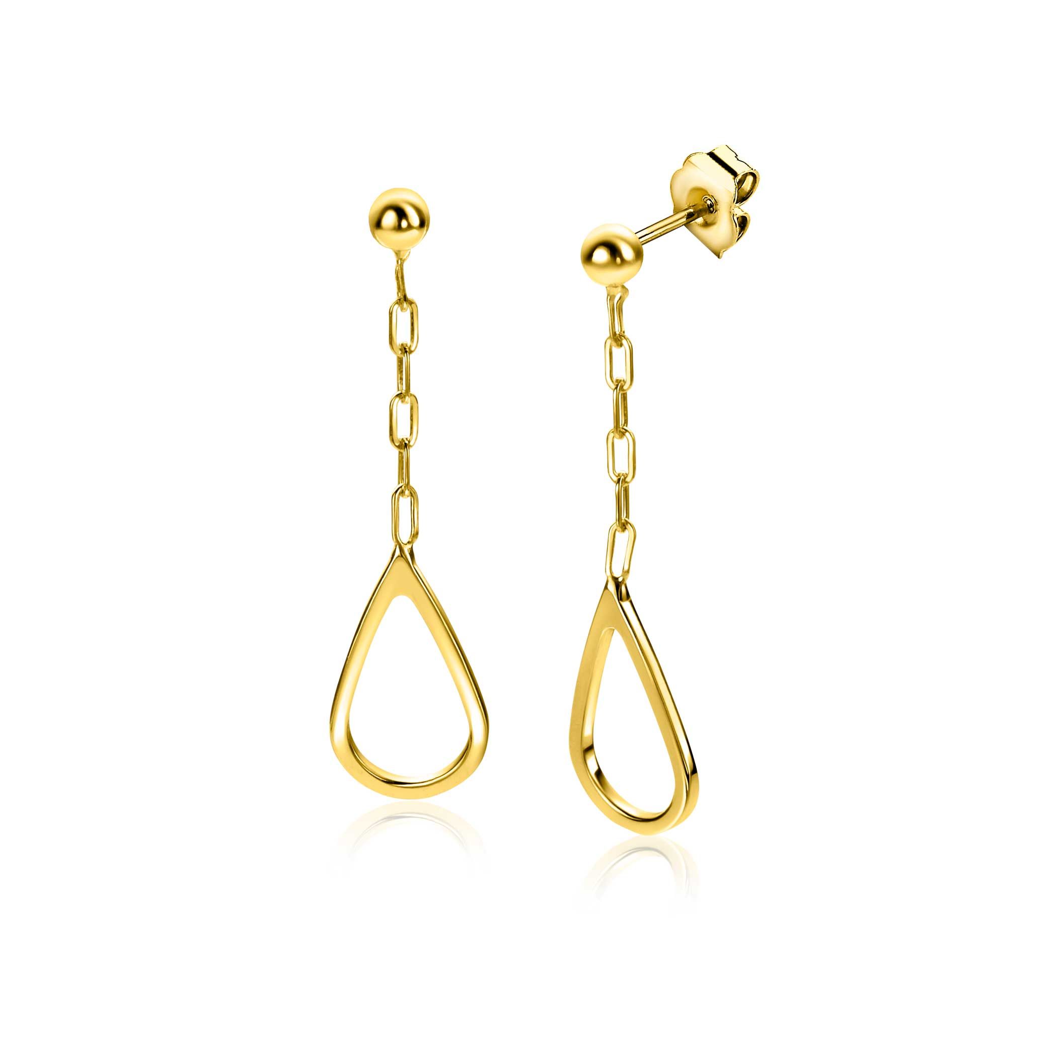 31mm ZINZI gold plated silver stud earrings with link chain and open teardrop shape ZIO2634