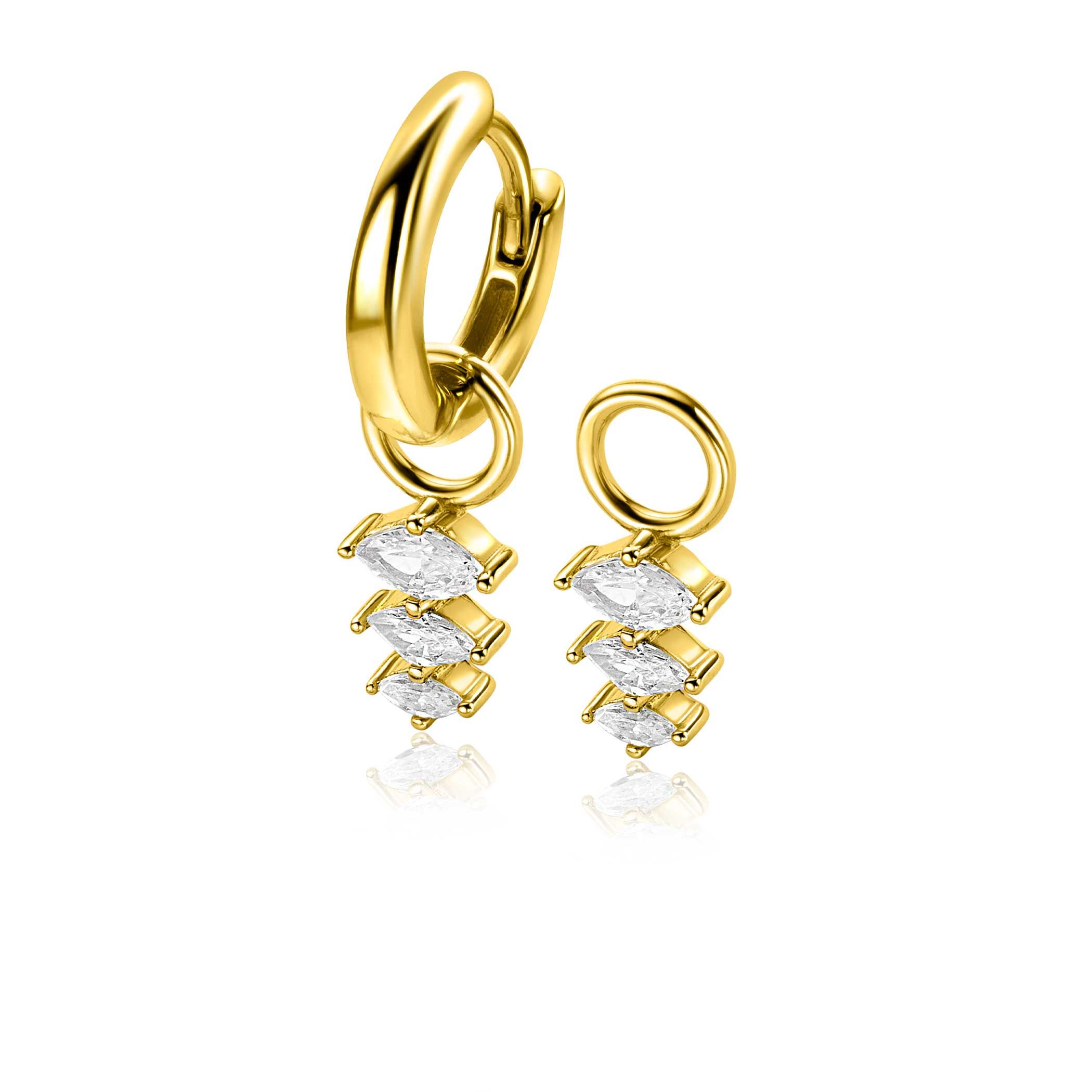 13mm ZINZI gold plated silver charm earrings with three pear-shaped settings in descending size, set with white zirconias ZICH2631 (without hoops earrings)