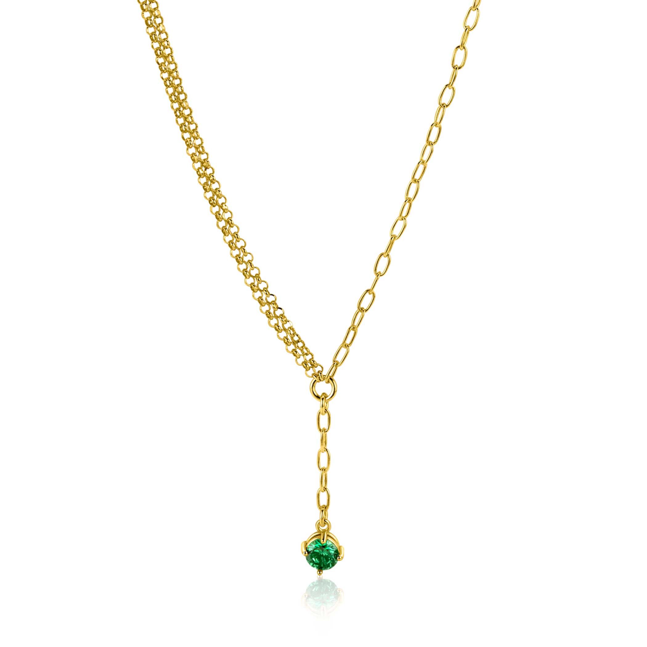 ZINZI gold plated silver Y-necklace with subtle links, dangling green round gemstone 42-45cm ZIC2660G