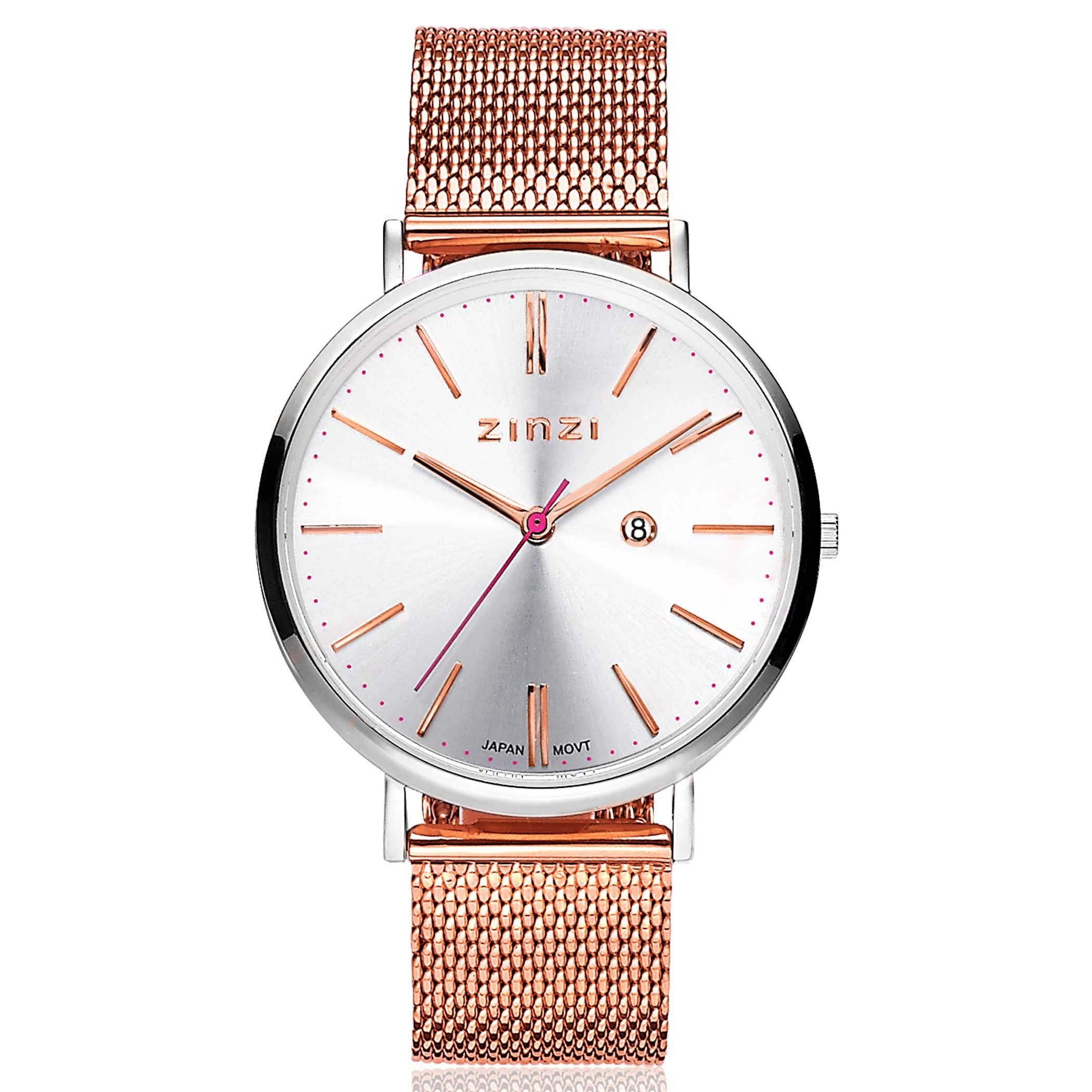 ZINZI Retro Watch Silver and Rose Gold Colored Dial Silver Colored Case and Rose Gold Colored Mesh Strap 38mm  ZIW412MR