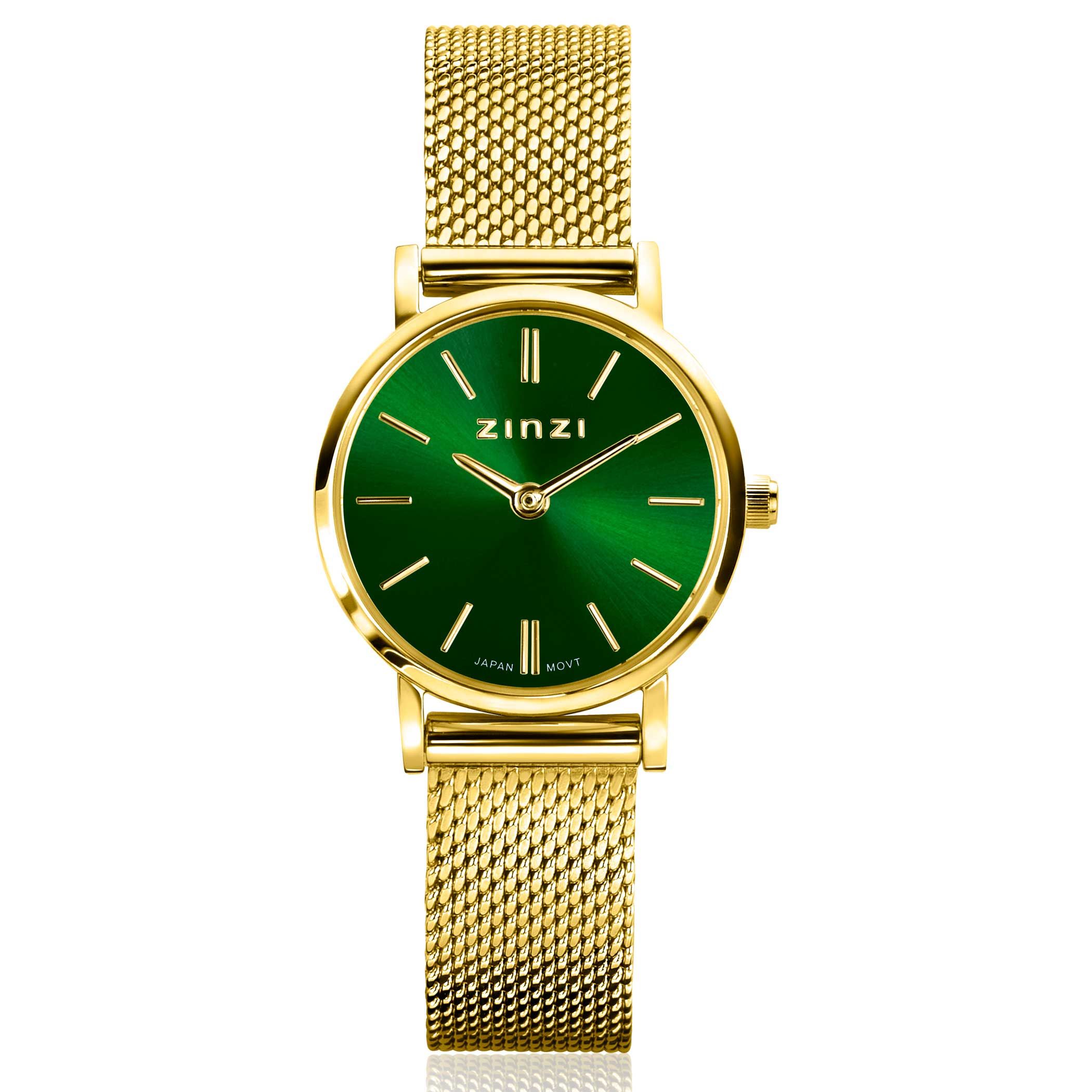 ZINZI Retro Mini Watch Green Dial Gold Colored Case and Stainless Steel Mesh Band 24mm ZIW1835