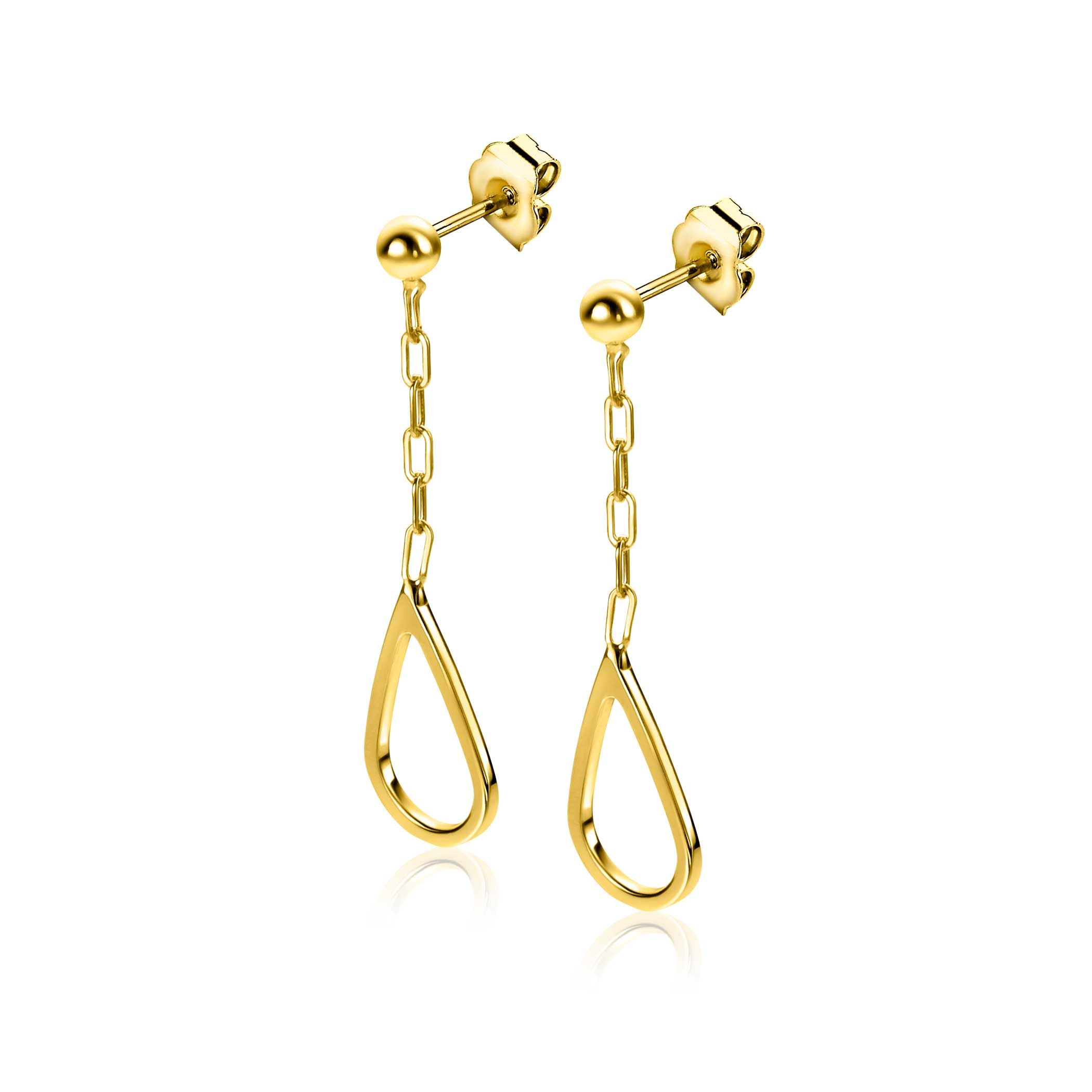 31mm ZINZI gold plated silver stud earrings with link chain and open teardrop shape ZIO2634