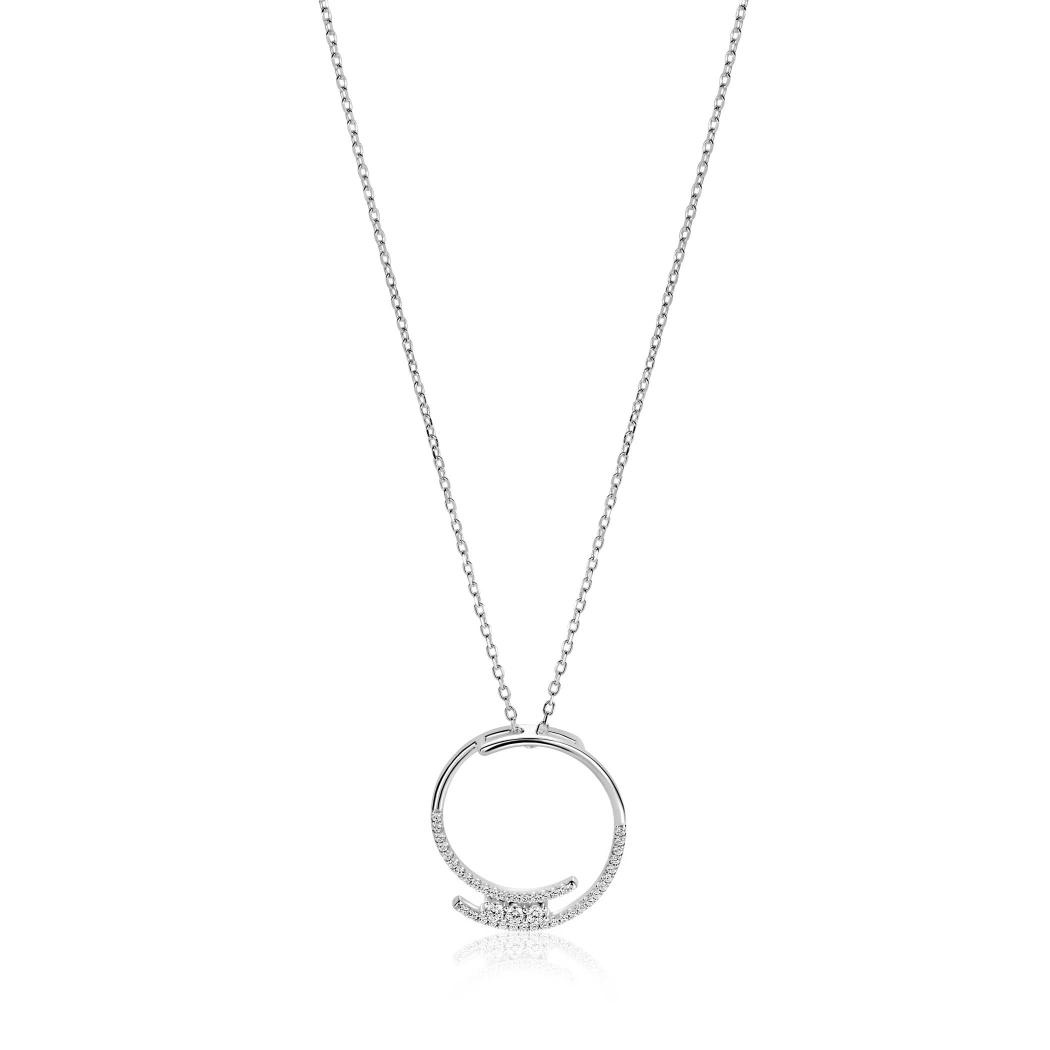 ZINZI silver necklace with large open round pendant 25mm set with white cubic zirconias 45-50 cm ZIC2645