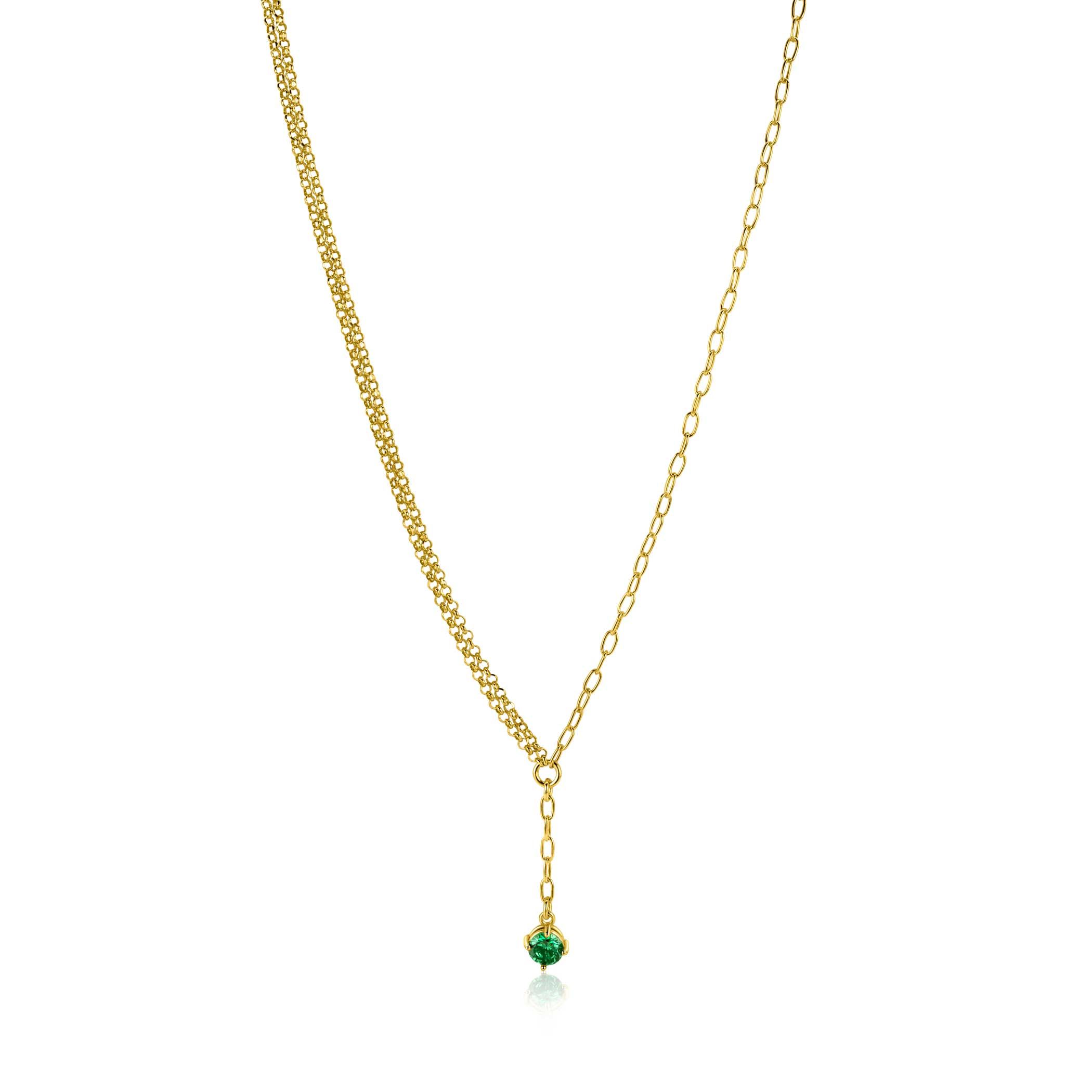 ZINZI gold plated silver Y-necklace with subtle links, dangling green round gemstone 42-45cm ZIC2660G