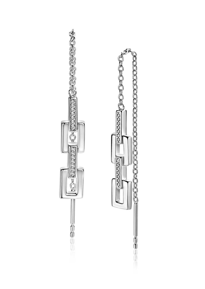 85mm Mart Visser by ZINZI silver threader earrings with square links, adorned with white zirconia, MVO27