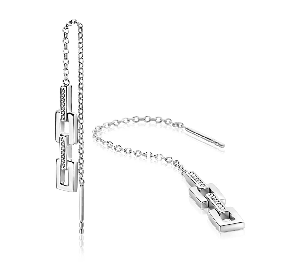 85mm Mart Visser by ZINZI silver threader earrings with square links, adorned with white zirconia, MVO27