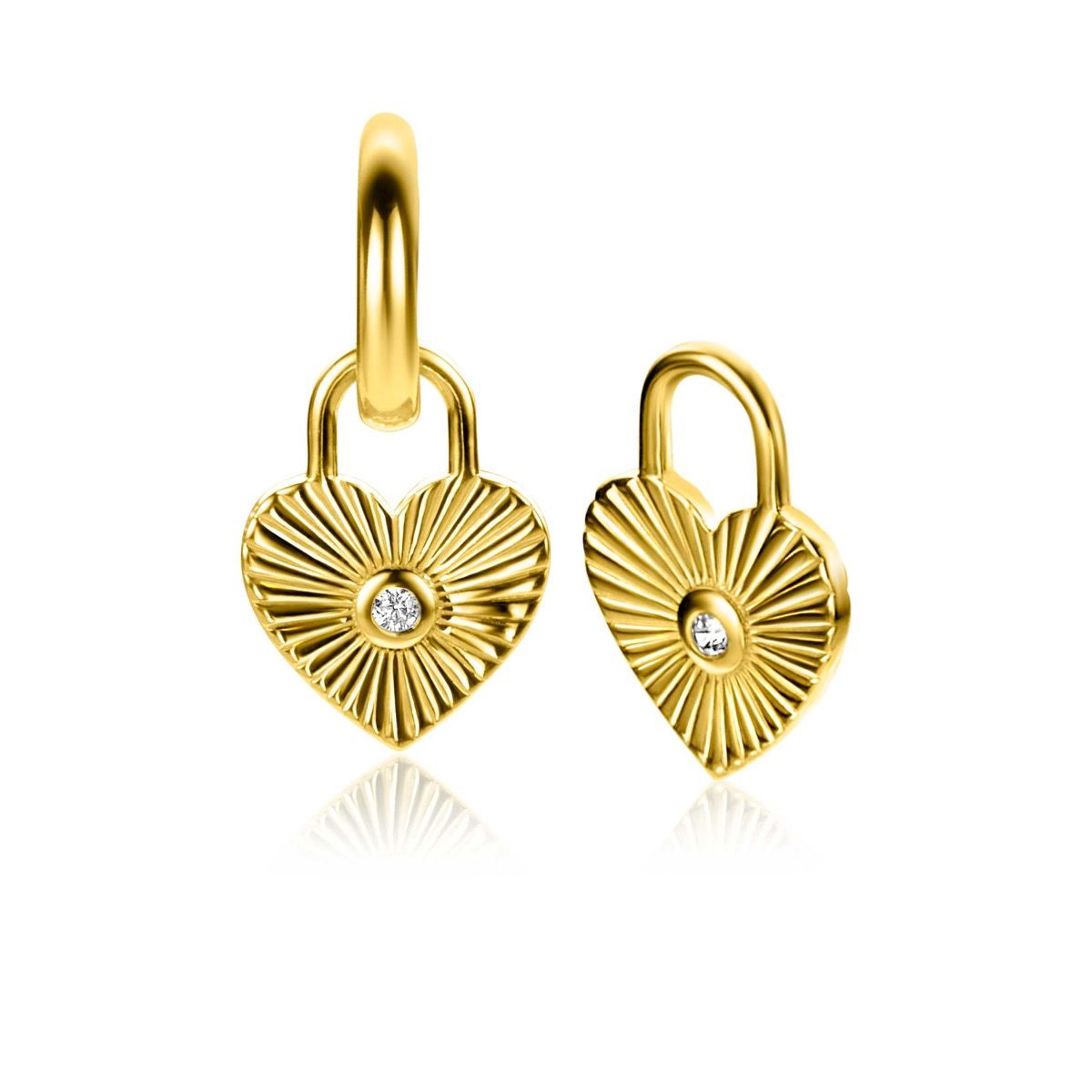 15mm ZINZI Gold Plated Sterling Silver Earrings Pendants Heart with Sunbeams and White Zirconia ZICH2305 (excl. hoop earrings)