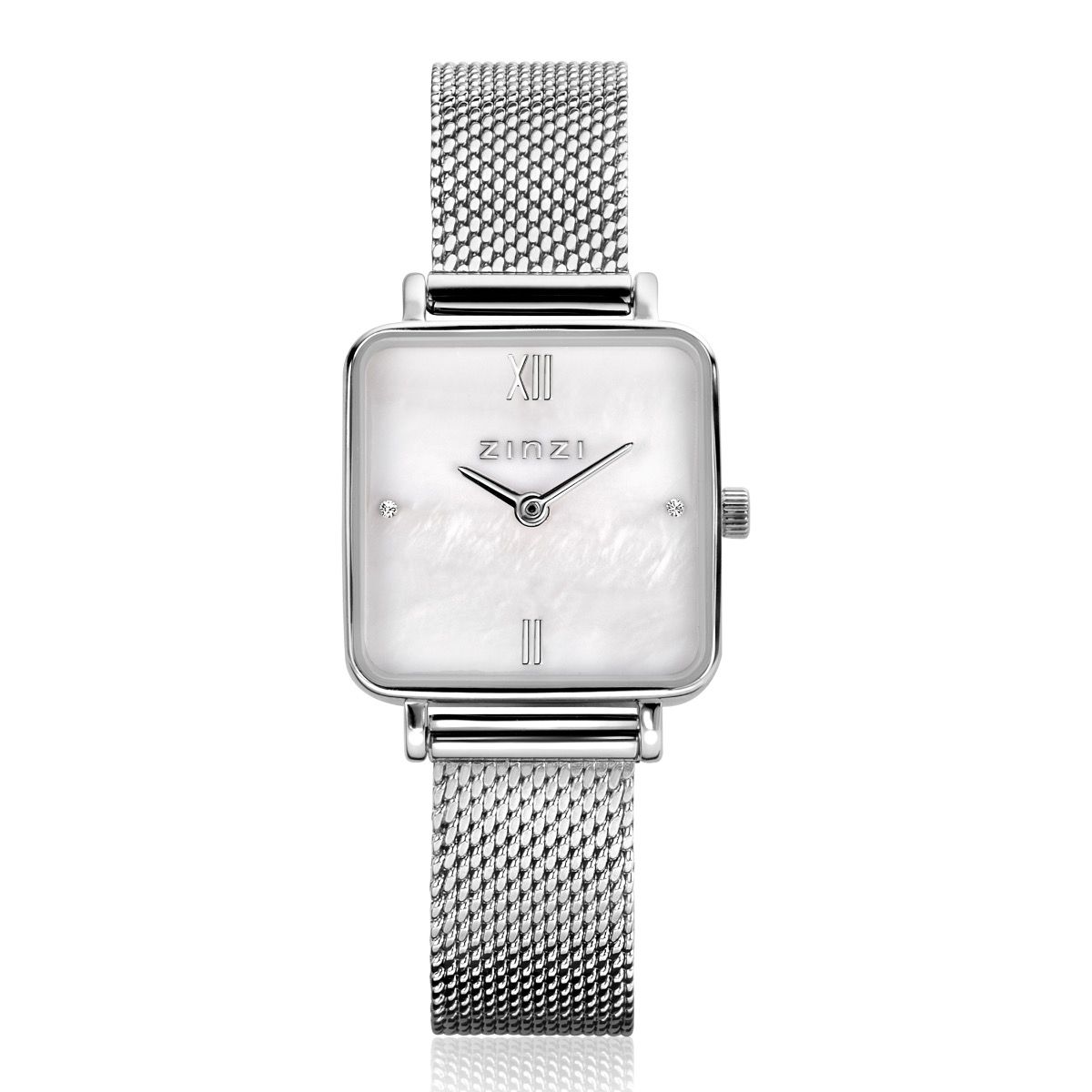 ZINZI Square Mini Watch White Mother-of-Pearl Dial and Square Silver Colored Case Stainless Steel Mesh Band 22mm  ZIW1717