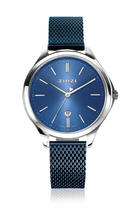 ZINZI Classy horloge 34mm blauwe wijzerplaat stalen kast en blauwe