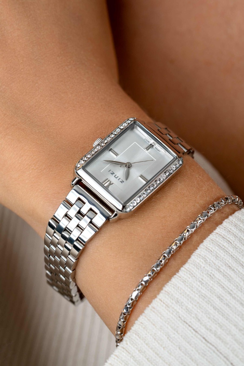 ZINZI Lucia Watch 28mm Rectangular Silver Colored Case with white zirconia and Stainless Steel Chain Strap ZIW2302