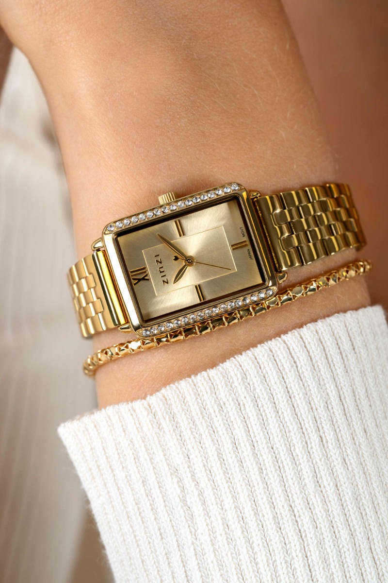 ZINZI Lucia Watch Gold 28mm Rectangular Gold Plated Case with white zirconia and Stainless Steel Chain Strap ZIW2310