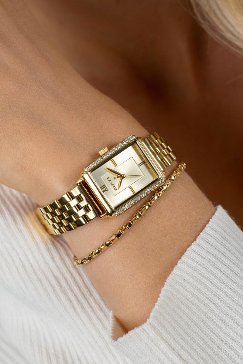 ZINZI Lucia Watch Gold 28mm Rectangular Gold Plated Case with white zirconia and Stainless Steel Chain Strap ZIW2310